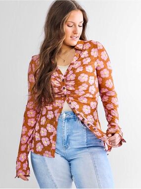 Women's Button Down Floral Shirts 2026 Summer Long Sleeve V Neck Sheer Mesh Tops